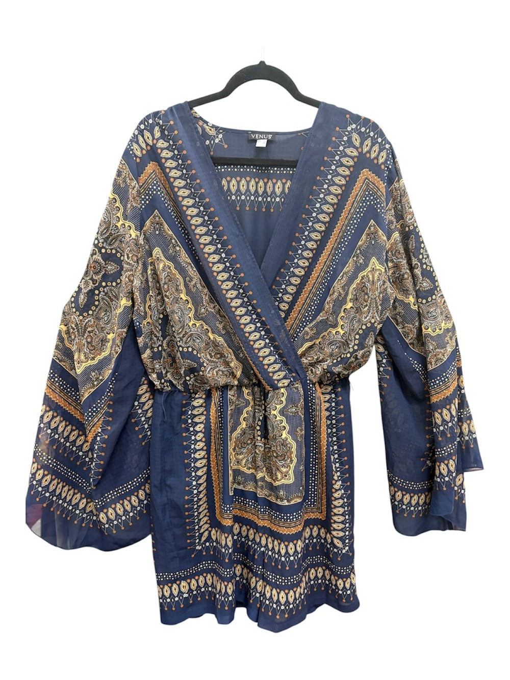 VENUS Navy Paisley Print Dress with Gold Accents
